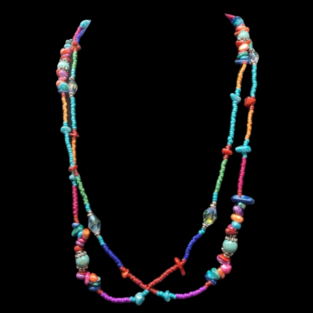 MULTI COLORED SINGLE STRAND STONE AND CZECH GLASS BEADS 62" LONG NECKLACE